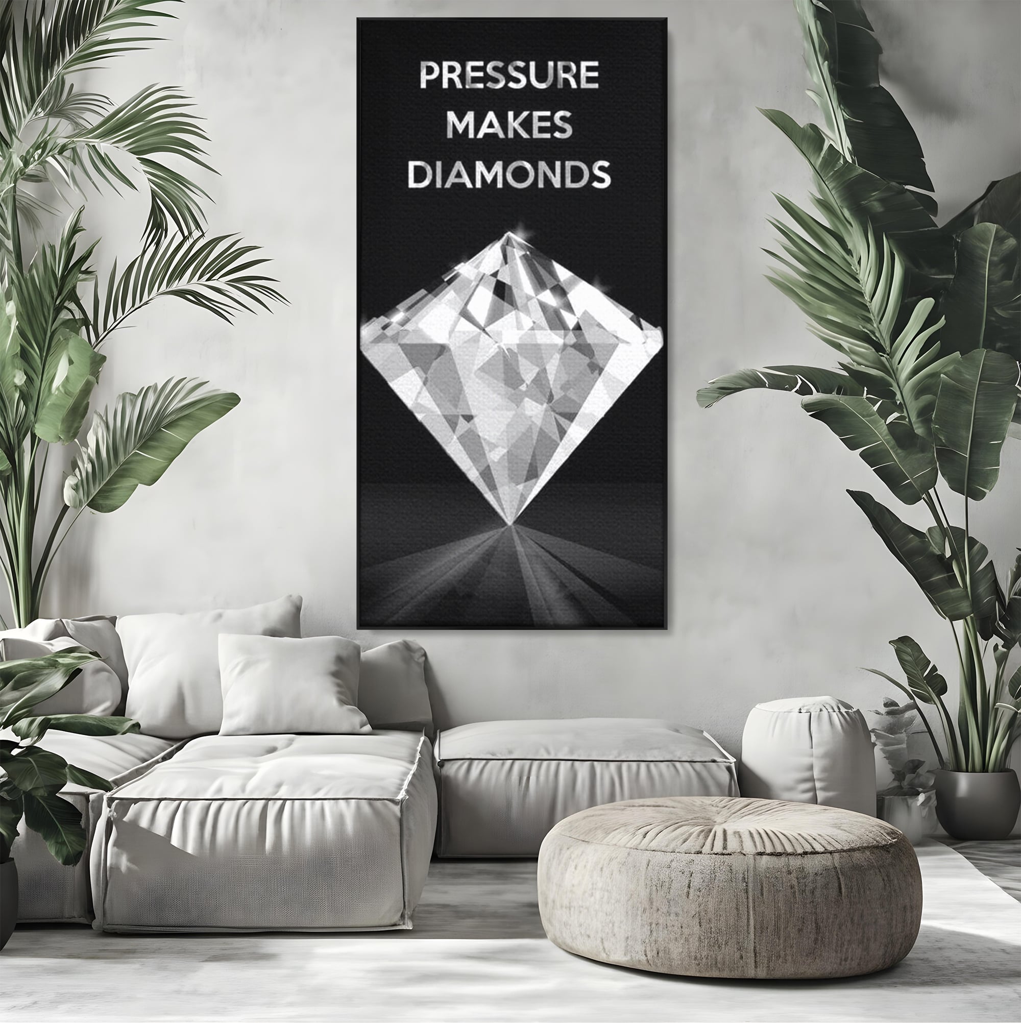 Tablou canvas cu tablou motivational cu diamant argintiu, in rama de aluminiu negru, pe perete intr-un living